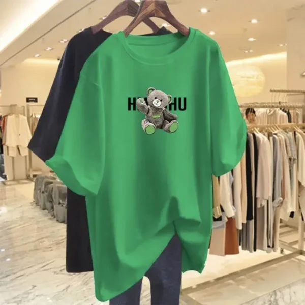 Summer Casual Loose Cartoon Print T-shirt Women Clothing Fashion Pure Cotton Basic Top Tee Lady Elegant Short Sleeve Pullovers - Image 4