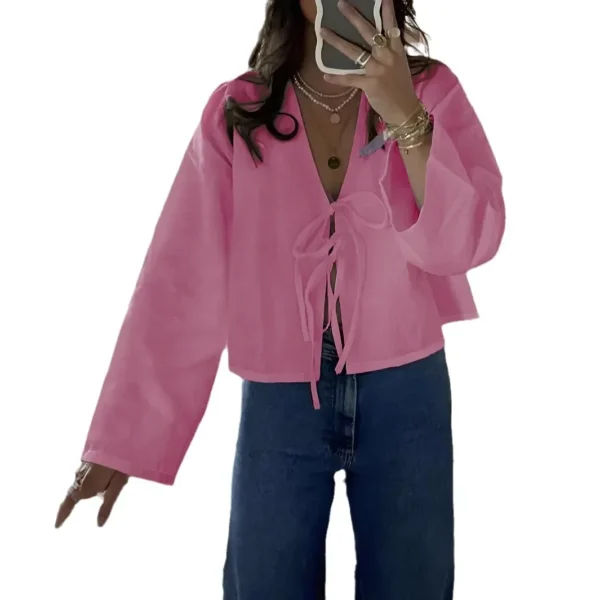 Elegant Long Sleeve V-Neck Solid Color Women's Shirt With Belt Cross-Border European And American Style For Commuting - Image 5