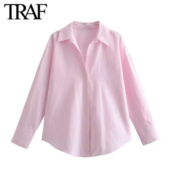 TRAF Women Fashion Long Sleeve Single-breasted Lapel Cotton Oxford Blouse Street Clothing Shirt Chic Ladies Crop Tops Mujer - Image 4