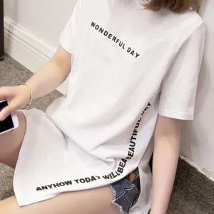 WONDERFUL DAY Print Long T shirts Summer Women Loose Slit Femme Tops Tshirt Short sleeve Ladies t-shirt