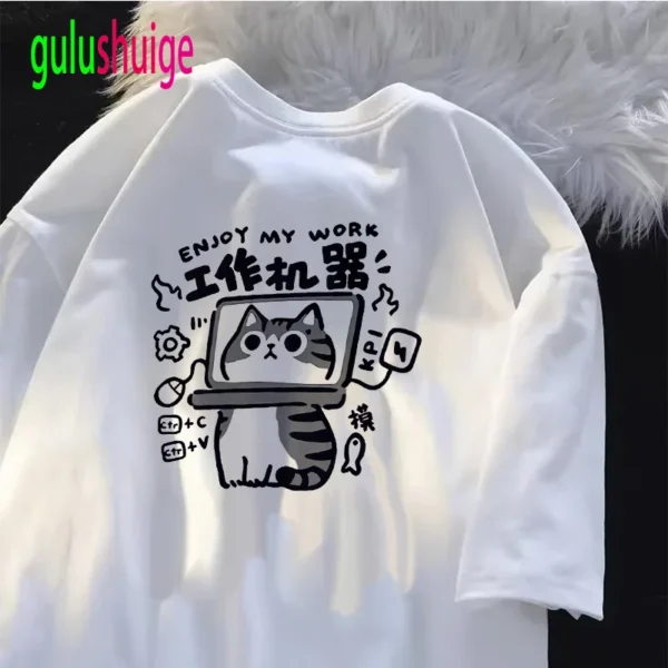 Funny Fashion Women T Shirt Cat Printed T-Shirt Casual Short Sleeve Couples T-Shirt Funny Cat Streetwear Female Top Tee - Image 4