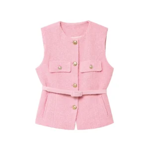 PB&ZA Women's Sleeveless Round - neck Button - front Tweed Crop Top with Belt and Pockets for Summer for a Chic and Stylish Look
