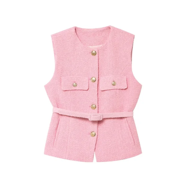 PB&ZA Women's Sleeveless Round - neck Button - front Tweed Crop Top with Belt and Pockets for Summer for a Chic and Stylish Look