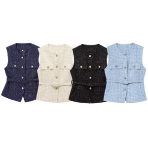 PB&ZA2025 Summer new women's clothing fashion simple with belt bead small fragrant style metal color line texture vest