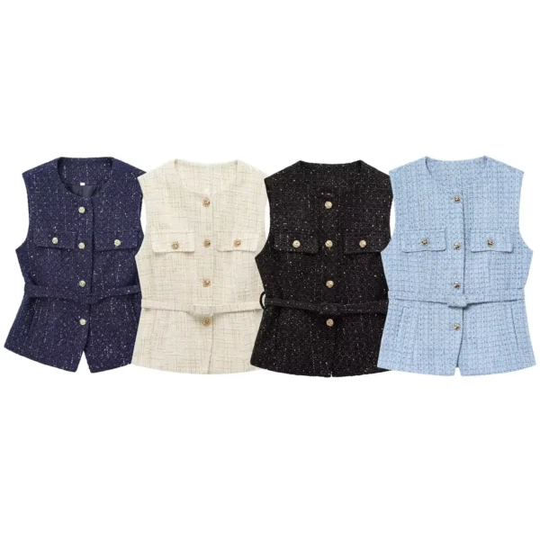 PB&ZA2025 Summer new women's clothing fashion simple with belt bead small fragrant style metal color line texture vest