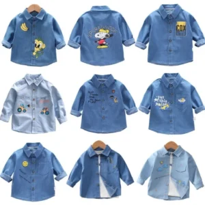 Spring Autumn Children's Denim Shirt Long Sleeve Base Layer Top for Boys And Girls Fashionable Baby Clothing from Mainland China