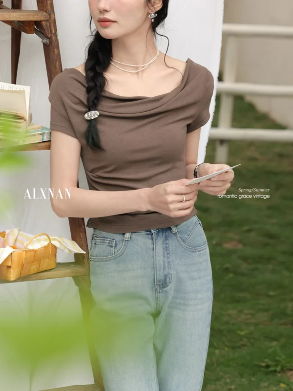 ALXNAN Light Brown Women's T-shirt 2025 Summer Slim Fit Elegant Draped Neckline Tees Casual Office Korean Style Clothing L55050 - Image 5