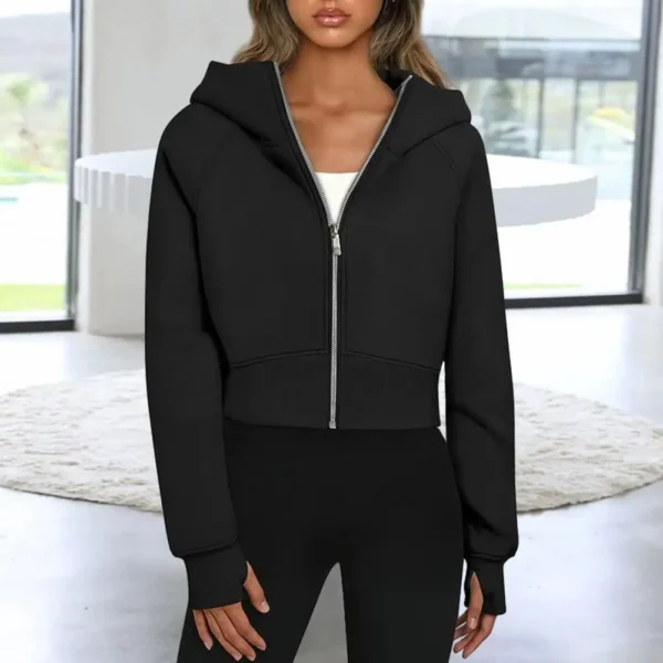 Women Fall Winter Coat Hooded Zip Up Soft Plush Loose Thick Cardigan Elastic Glove Cuff Sleeve Cropped Sweatshirt Hoodie Jacket - Image 2