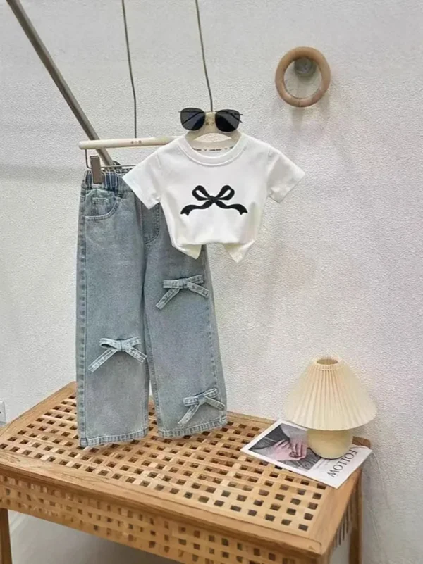 MILANCEL New Summer Kids Clothes Set Girls Bow Color Blocked Top +Solid Color Straight Leg Jeans Children Outfit 2PCS - Image 2