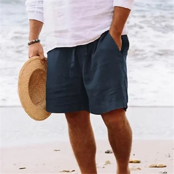 Men's Summer Cotton and Linen Shorts Draw Rope Elastic Waist Straight Leg Solid Color Breathable Daily Beach Quarter Pants - Image 4