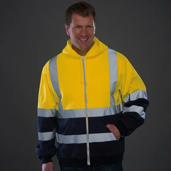 Mens High Visibility Jacket Long Sleeve Zipper Hooded Coat Hi-Vis Safety Reflective Sweatshirt - Image 6