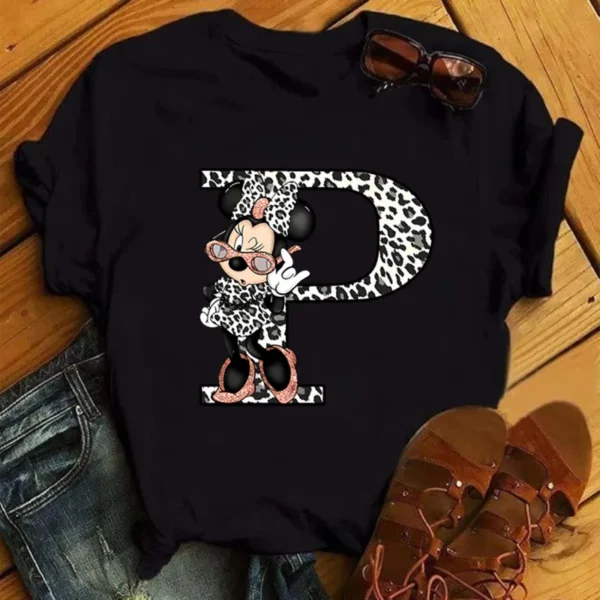 Disney Leopard Minnie Mouse A-Z 26 English Letters Women T-shirt Short Sleeve Balck Tops Tee Clothing for Woman - Image 4