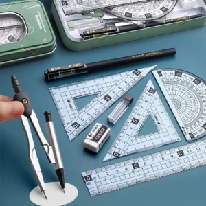 7/8PCS Ruler Signing Pen Compass Set Protractor Eraser Straight Ruler Set Square Gel Pen Kit Students Drawing Measuring Statione
