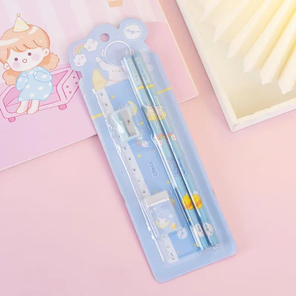1 Set 4 Piece Stationery School Office Supplies Student Gift Prize Creative Kawaii Pencil Eraser Ruler Pencil Sharpener - Image 5