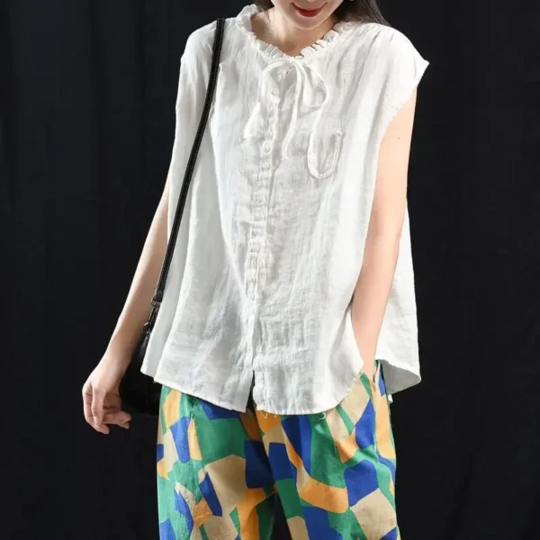 2023VintageArtistic WoodEarNeck Tie EthnicStyle VestTop Sleeveless InnerOuter Wear Women's CottonLinen Fabric - Image 4