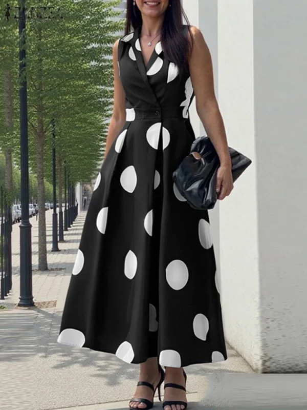 ZANZEA Summer Office Lady Sundress Woman Stylish Polka Dot Maxi Dresses Elegant Party Dress Fashion Sleeveless Holiday Robe 2025 - Image 3