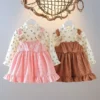 Fake Two Pieces Dress Corduroy Cartoon Bear Cherry Print Splicing Dresses Girls Princess Birthday Gift Kid Spring Autumn Clothes - Image 2