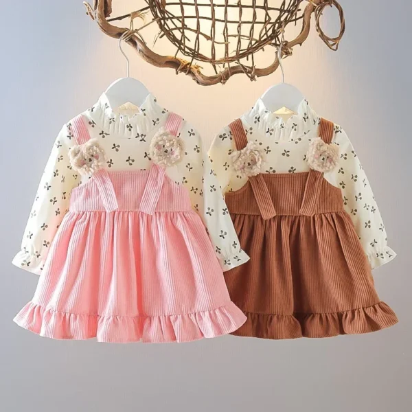 Fake Two Pieces Dress Corduroy Cartoon Bear Cherry Print Splicing Dresses Girls Princess Birthday Gift Kid Spring Autumn Clothes - Image 2