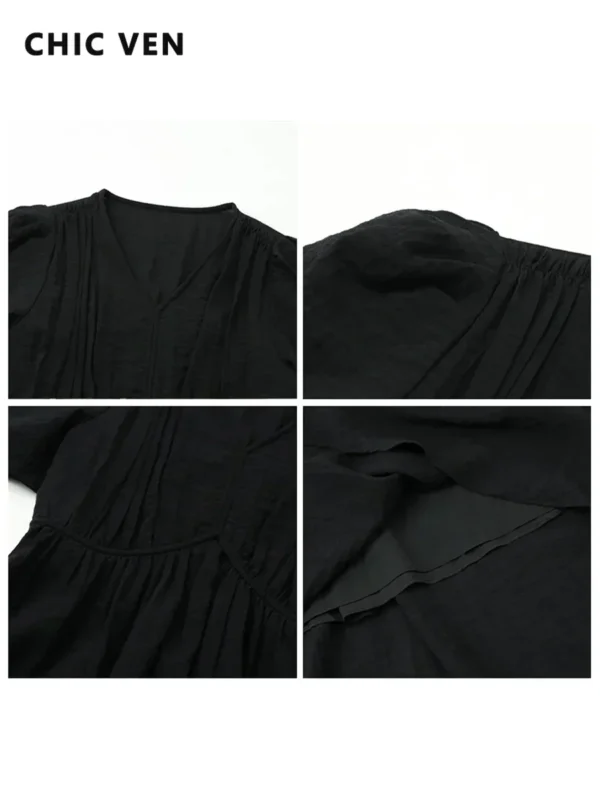 CHIC VEN Women Dresses French Style Vintage V-neck Puff Sleeve Long Dress Solid Black Loose Female Clothing Summer New 2023 - Image 4