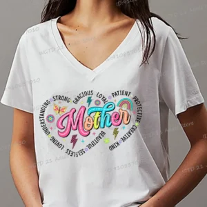 T-shirts Women Vintage Letter Mother Clothes Fashion Rock And Roll Trend Mama Tops V Neck Casual Happy Mother's Day Tshirts