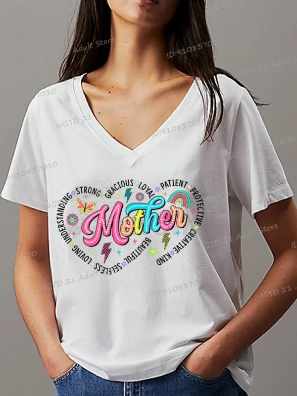 T-shirts Women Vintage Letter Mother Clothes Fashion Rock And Roll Trend Mama Tops V Neck Casual Happy Mother's Day Tshirts