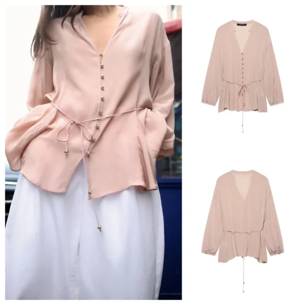 European and American style 2025 spring new linen blended thin belt loose casual long-sleeved shirt