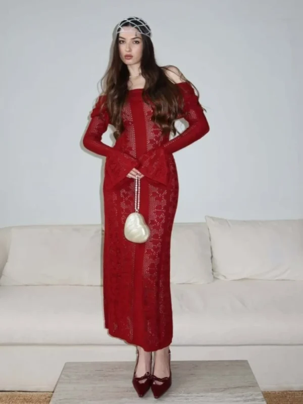 Apricot Knitted Long Dress for Women Sexy Off The Shoulder Slim Beach Holiday Dresses Elegant Long Sleeve Summer Dress 2025 - Image 4