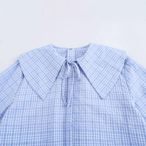 ZBZA Women's Bib Collar Gingham Shirt Lapel Long Sleeve Single Breasted Hidden Button Bow Tie Top Spring Summer New Chic Shirt - Image 2
