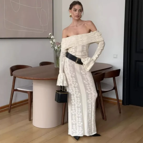 Apricot Knitted Long Dress for Women Sexy Off The Shoulder Slim Beach Holiday Dresses Elegant Long Sleeve Summer Dress 2025 - Image 2