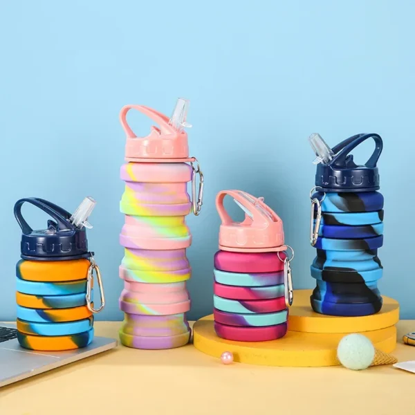 500ML Silicone Foldable Water Bottle For Sports, Reusable Leakproof Water Bottle With Carabiner - Image 2
