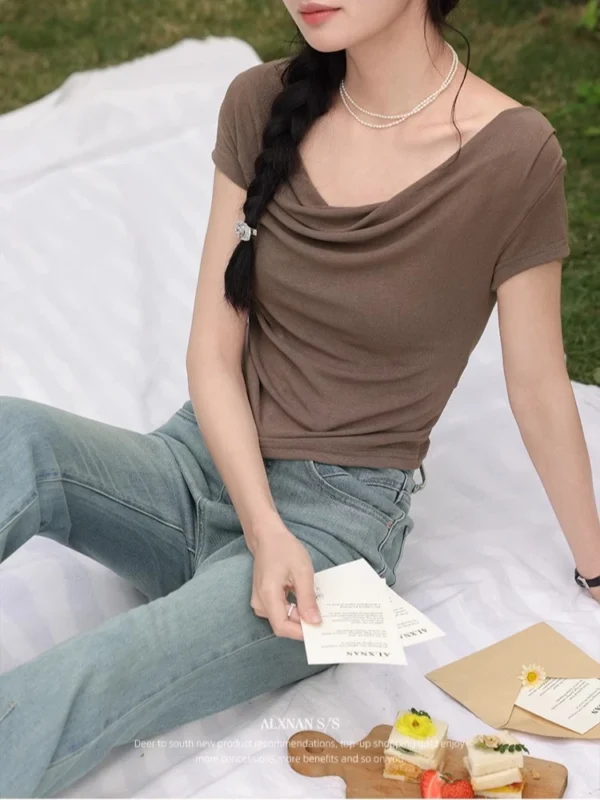 ALXNAN Light Brown Women's T-shirt 2025 Summer Slim Fit Elegant Draped Neckline Tees Casual Office Korean Style Clothing L55050 - Image 3