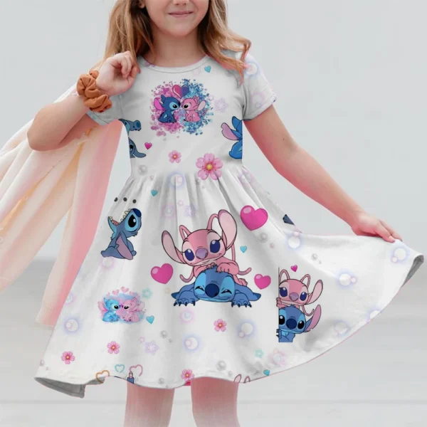Summer New Children's Clothing 3d Printed Romantic Stitch Cute Girl Short-Sleeved Dress 3-14 Years Old Kids Performance Clothing - Image 4