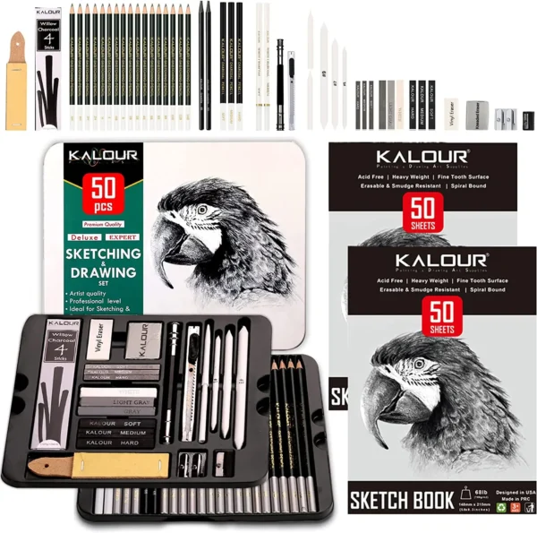 52/72-Pack Sketch Drawing Pencils with Two Sketchbook,Tin Box,Include Graphite,Charcoal and Artists Tools,Pro Art Drawing Kits