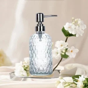 Clear Glass Hand Dish Soap Dispenser with 304 Stainless Steel Pump, Stylish Empty Lotion Dispensers for Bathroom Kitchen Home