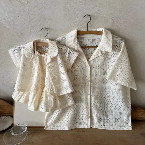2025 Summer New Baby Girl Hollow Lace Shirts Infant Boys Short Sleeve Shirts Kids Lapel Tops Cotton Toddler Clothes - Image 6