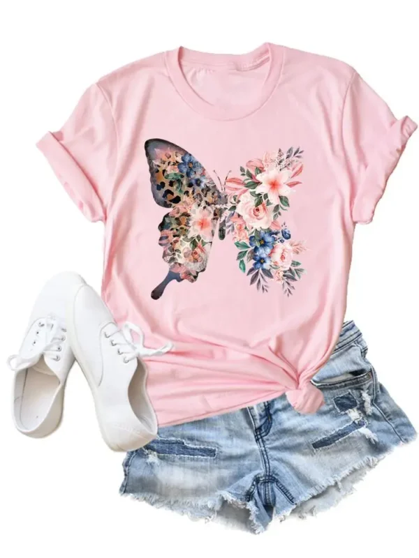 Flower Butterfly Style Trend Clothing Fashion T-Shirt Cartoon Tshirts Summer Tee Women Lady Print Casual Graphic T Top - Image 4