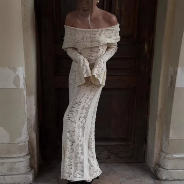 Apricot Knitted Long Dress for Women Sexy Off The Shoulder Slim Beach Holiday Dresses Elegant Long Sleeve Summer Dress 2025