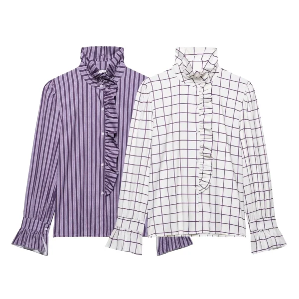 Retro Fashion 2025 Spring/summer New Style Temperament Ruffle Edge Stand Up Collar Lace Up Retro Plaid Shirt