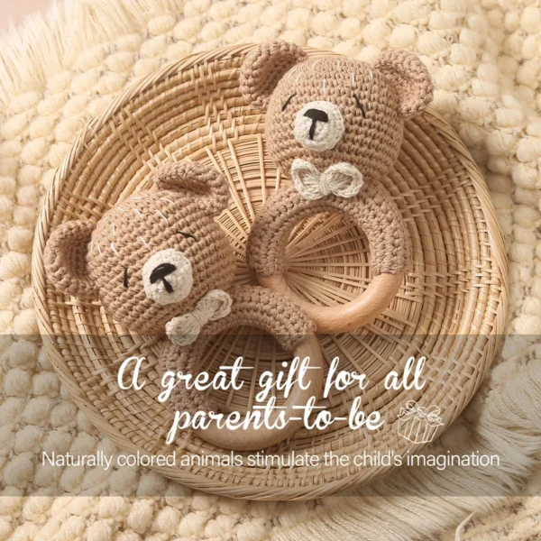 1PC Crochet Animal Bear Rattle Toy Soother Bracelet Wooden Teether Ring Baby Product Mobile Pram Crib Wooden Toys Newborn Gifts - Image 2