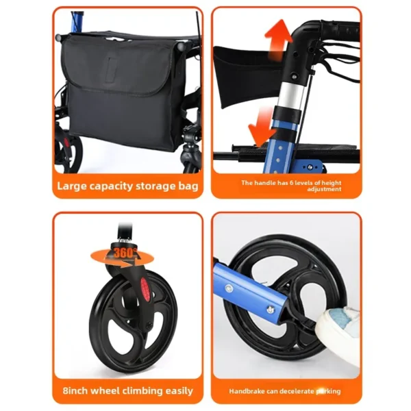 Elderly Rehabilitation Walking Assist Rollator Walker Aluminum Alloy Folding Pulley Mobility Aid Scooter Four-wheel Shopping Car - Image 5