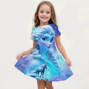 Cartoon Frozen Disneyland Trip Casual Dress for Little Girl Soft Princess Frock Kid Elsa Print Snow Queen A Line Summer Clothing