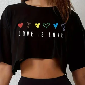 Womens Vibrant Pride Crop Top T-Shirt - Short Length Casual Loose Fit Breathable Medium Stretch Polyester Colorful Heart