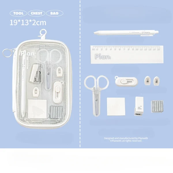 10pcs/bag Mini Student Stationary Set for Kids Simplicity Blue White Color Pen Ruler Stapler Scissors Knife Set School Supplies - Image 5