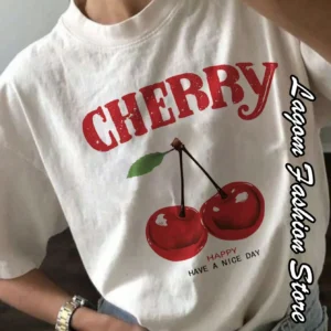 Cherry Print Women Fashion T-Shirt O-Neck Tops Tees Floral Graphic Short Sleeve Clothing Female Casual Streetwear
