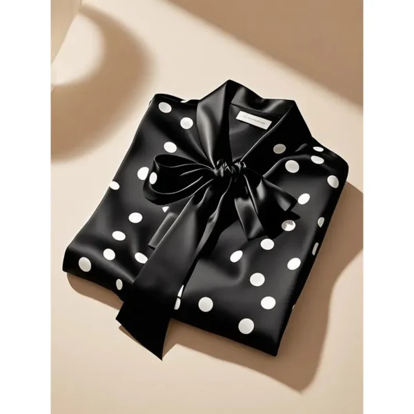 Women High Quality Satin Polka Dot Print Shirt Office Lady Business Casual Elegant Chic Blouse Lace-up Bow Long Sleeve Loose Top - Image 2