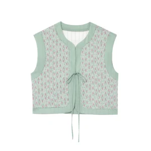 PB&ZA 2025 Women's Sleeveless Mint - Green Vest with Pink Pattern Front Tie - Detail for a Chic and Trendy Look