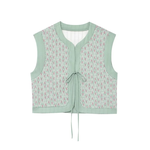 PB&ZA 2025 Women's Sleeveless Mint - Green Vest with Pink Pattern Front Tie - Detail for a Chic and Trendy Look