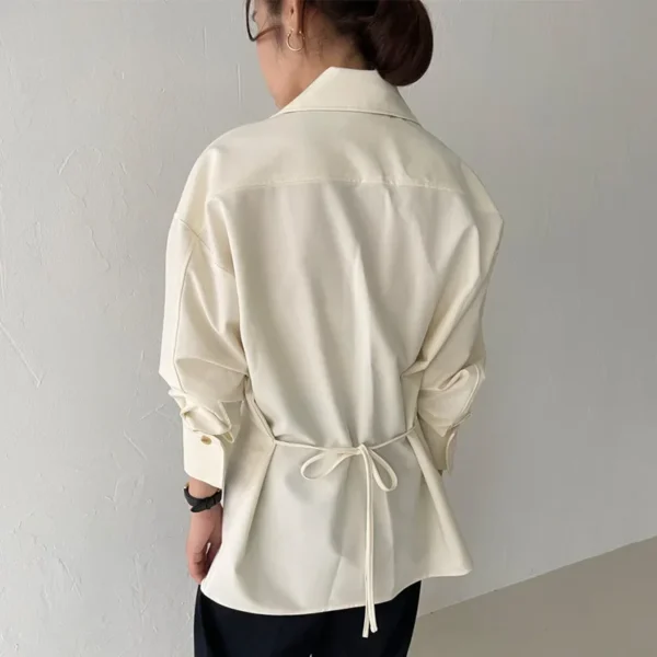 Elegant Chic Korean Style Minimalist Design Women's Shirt With Zippered Dual Pockets And Side Slit Back Strap - Image 5