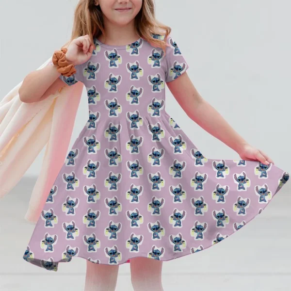 Summer New Children's Clothing 3d Printed Romantic Stitch Cute Girl Short-Sleeved Dress 3-14 Years Old Kids Performance Clothing - Image 3