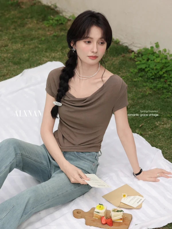 ALXNAN Light Brown Women's T-shirt 2025 Summer Slim Fit Elegant Draped Neckline Tees Casual Office Korean Style Clothing L55050 - Image 6